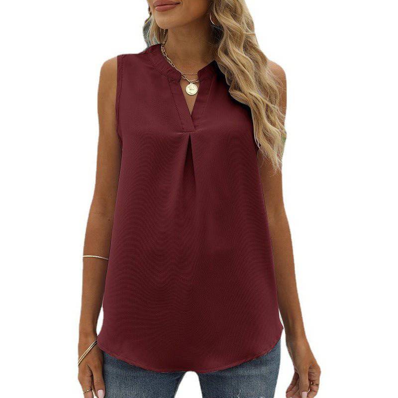 Chiffon Sleeveless V-Neck Top for Women  S Burgundy 