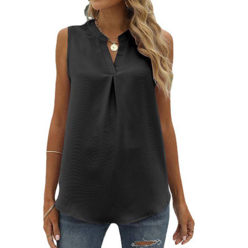 Chiffon Sleeveless V-Neck Top for Women  S Black 