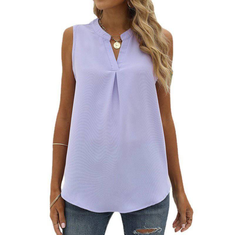 Chiffon Sleeveless V-Neck Top for Women  S Purple 