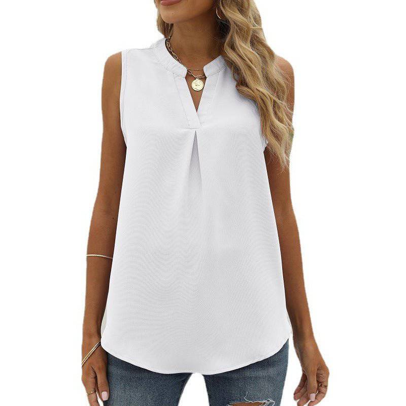 Chiffon Sleeveless V-Neck Top for Women  S White 