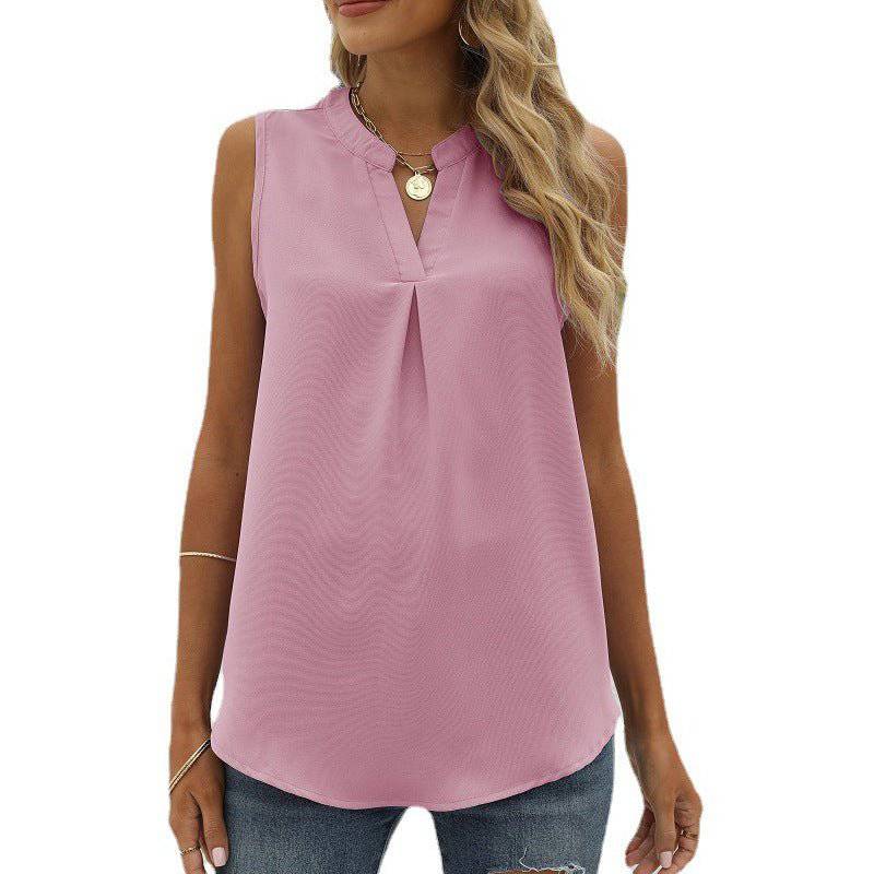 Chiffon Sleeveless V-Neck Top for Women  S Pink 