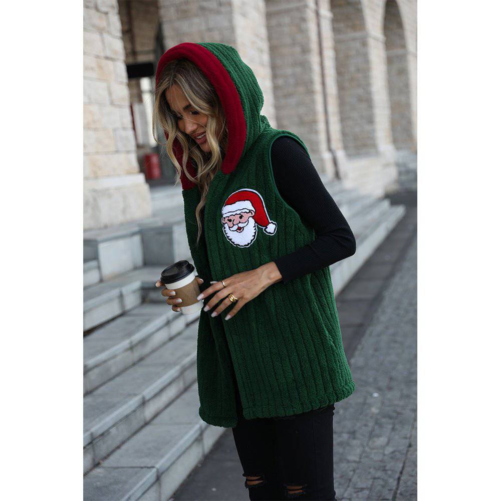 Christmas Hooded Sleeveless Plush Coat for Women    