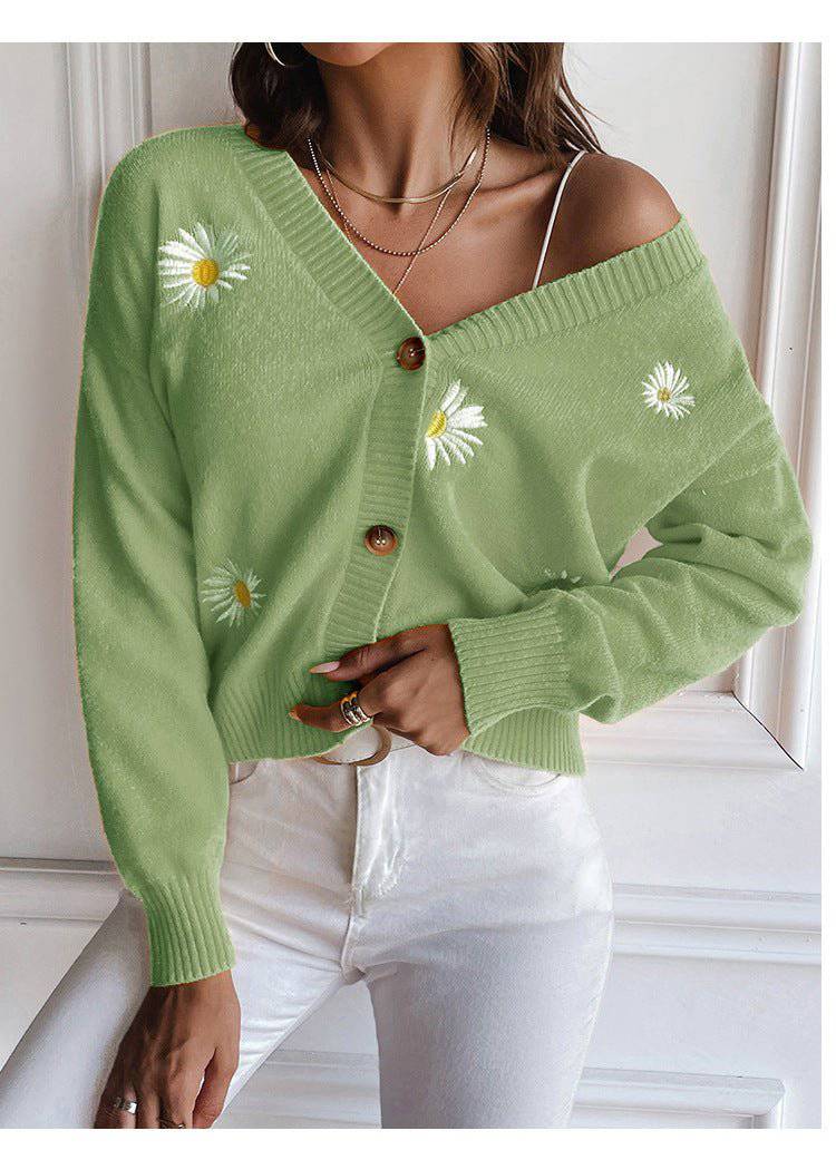 Chrysanthemum Embroidered V-Neck Knit Cardigan for Women - Loose Fit Autumn/Winter Sweater Coat  S Light Green Sweater Coat 