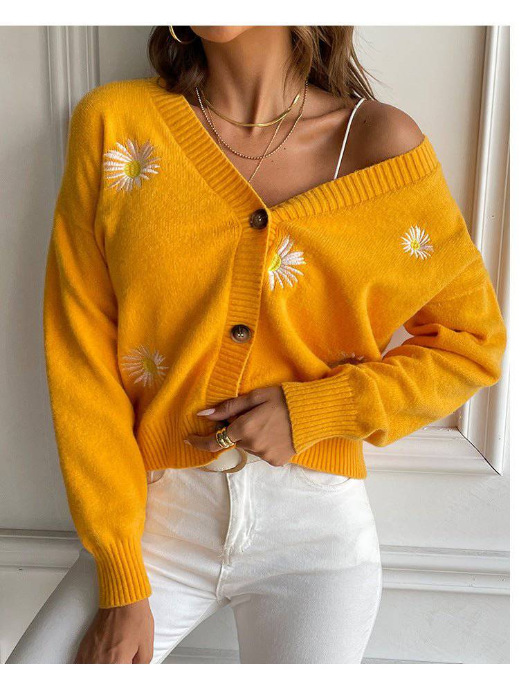 Chrysanthemum Embroidered V-Neck Knit Cardigan for Women - Loose Fit Autumn/Winter Sweater Coat  S Yellow Sweater Coat 