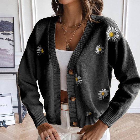 Chrysanthemum Embroidered V-Neck Knit Cardigan for Women - Loose Fit Autumn/Winter Sweater Coat    