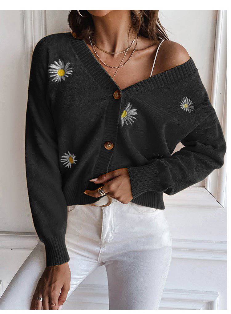 Chrysanthemum Embroidered V-Neck Knit Cardigan for Women - Loose Fit Autumn/Winter Sweater Coat  S Black Sweater Coat 