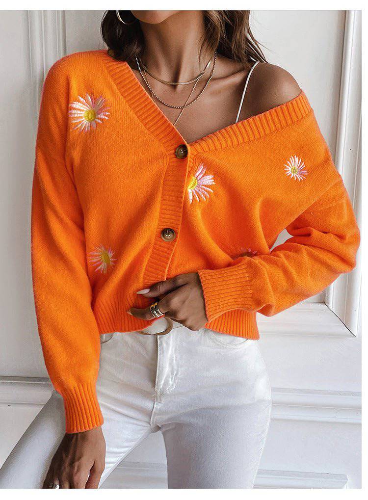 Chrysanthemum Embroidered V-Neck Knit Cardigan for Women - Loose Fit Autumn/Winter Sweater Coat  S Orange Sweater Coat 