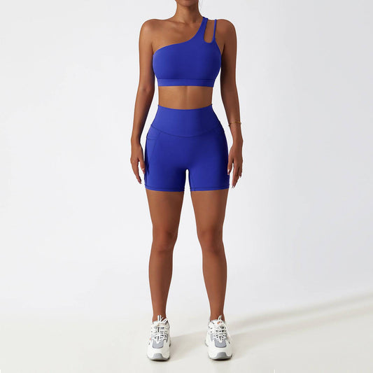 Cloud Sensation Quick-Dry Yoga Suit with Pocket  8/S One-Shoulder Shorts Klein Blue 