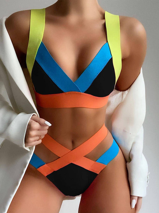 Color Block Bandage Bikini with Cutout and Patchwork Elements  S Black 