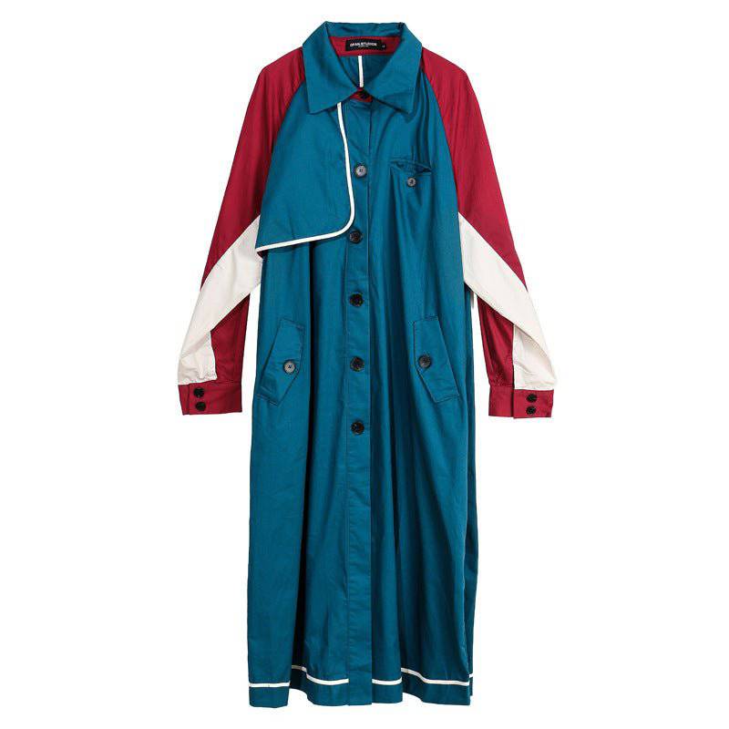 Color Block Mid-Length Casual Trench Coat  S Blue and Red 