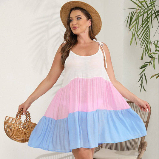 Pink and blue color block patchwork swing dress with lace-up camisole, plus size women's beach dress