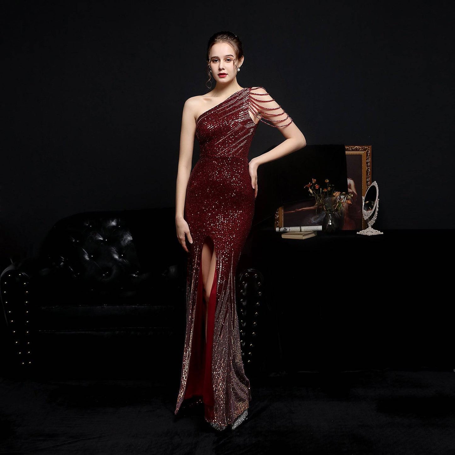 Colorful Sequin Long Slimming Evening Gown for Socialite Gatherings  S Jujube Red 