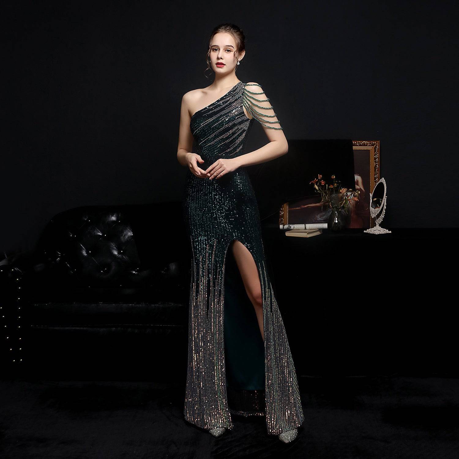 Colorful Sequin Long Slimming Evening Gown for Socialite Gatherings  S Green 