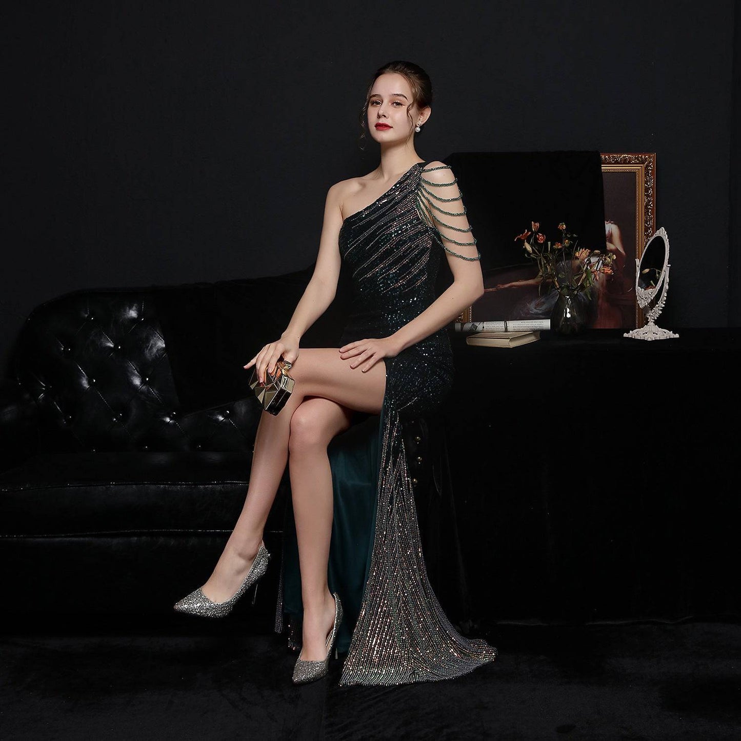 Colorful Sequin Long Slimming Evening Gown for Socialite Gatherings    