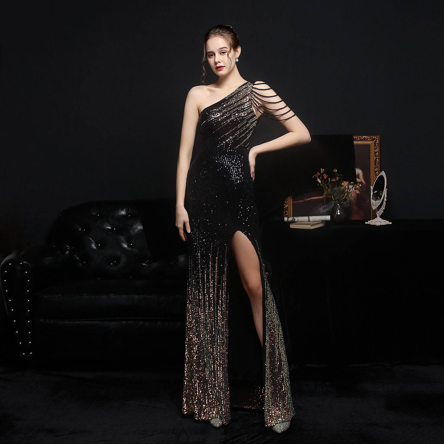 Colorful Sequin Long Slimming Evening Gown for Socialite Gatherings    