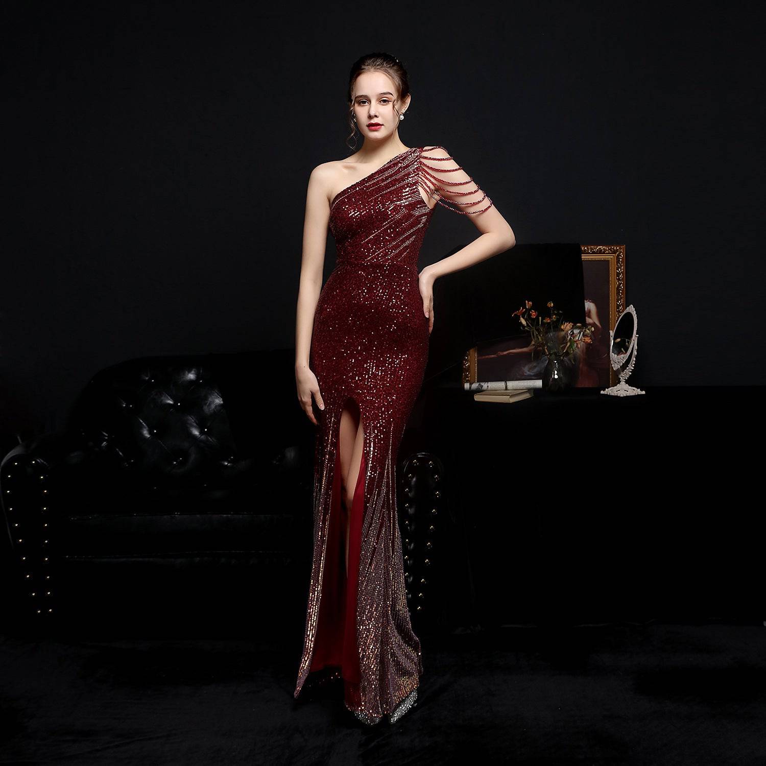 Colorful Sequin Long Slimming Evening Gown for Socialite Gatherings    