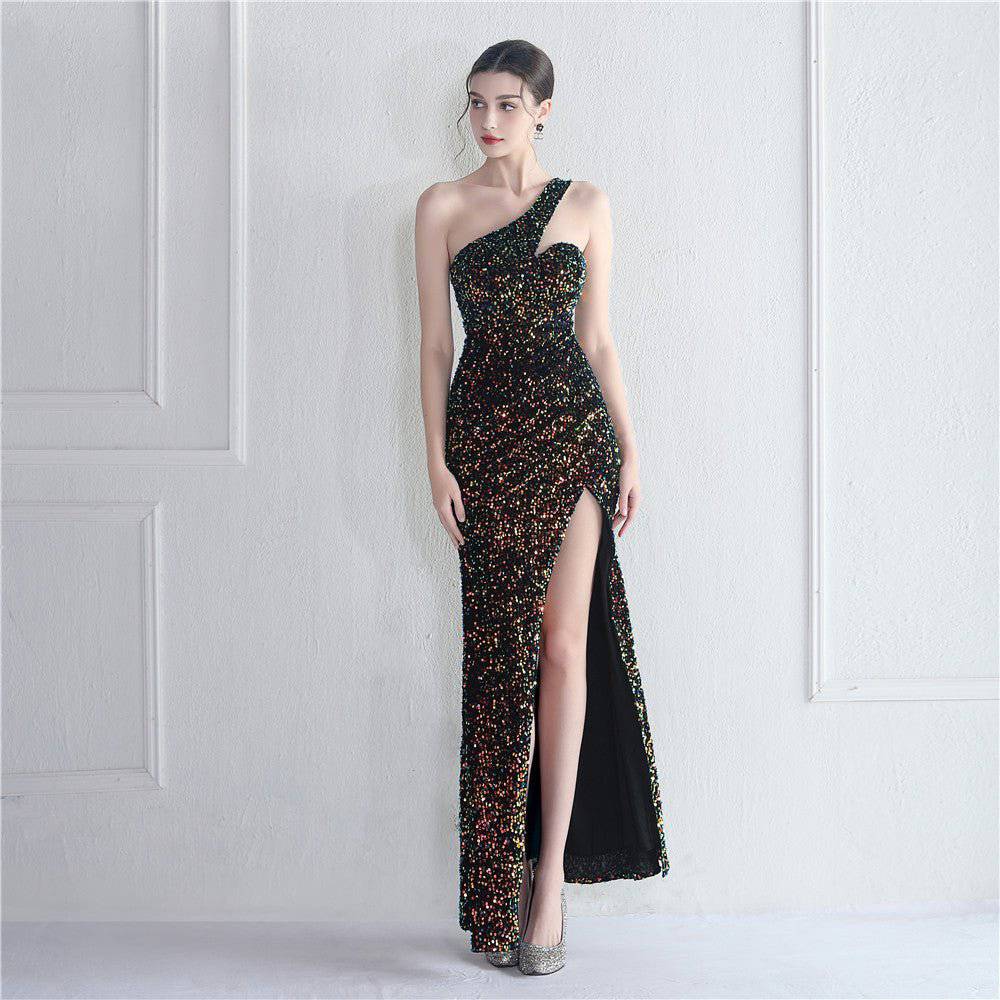 Colorful Sequin One Shoulder Fishtail Evening Dress    