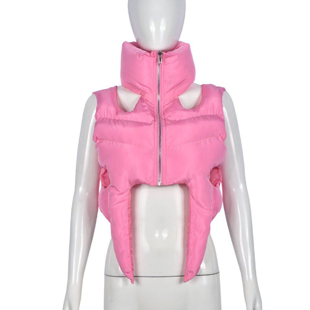 Cotton Padded Sleeveless Short Coat for Women with Stand Collar  S Pink 