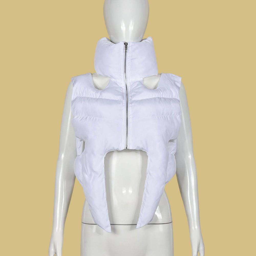 Cotton Padded Sleeveless Short Coat for Women with Stand Collar  S White 