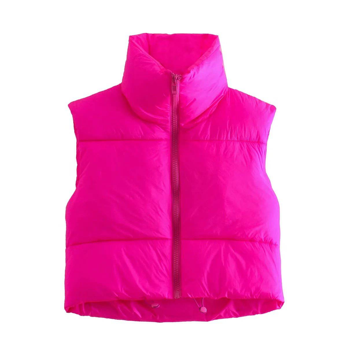 Cotton Padded Sleeveless Zip-Up Stand Collar Vest  S Coral Red 