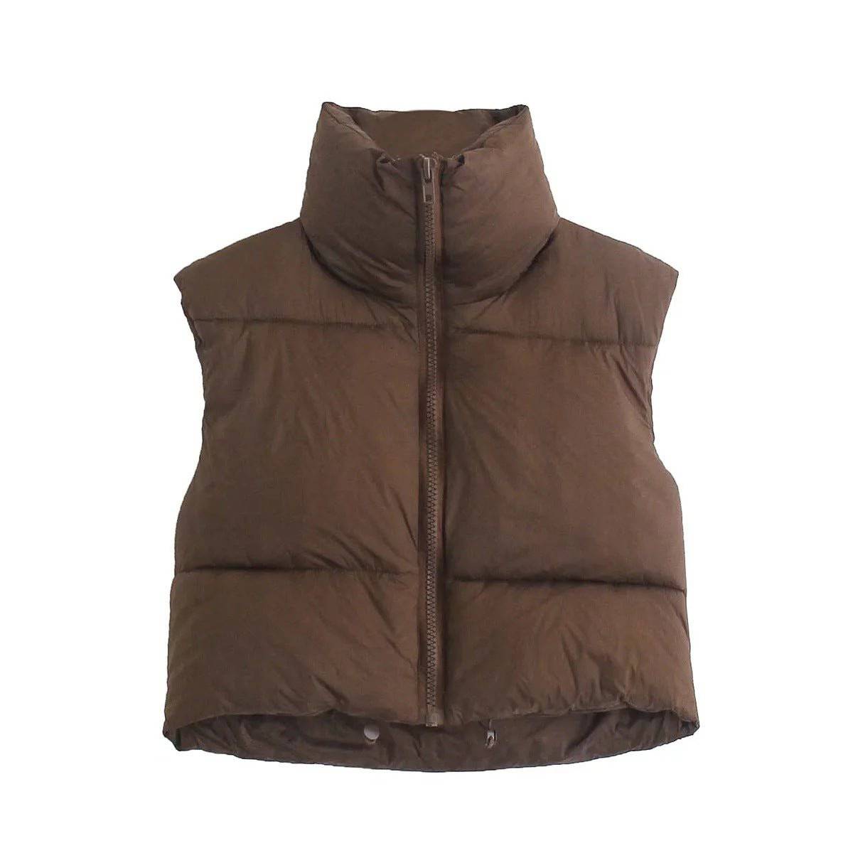 Cotton Padded Sleeveless Zip-Up Stand Collar Vest  S Brown 