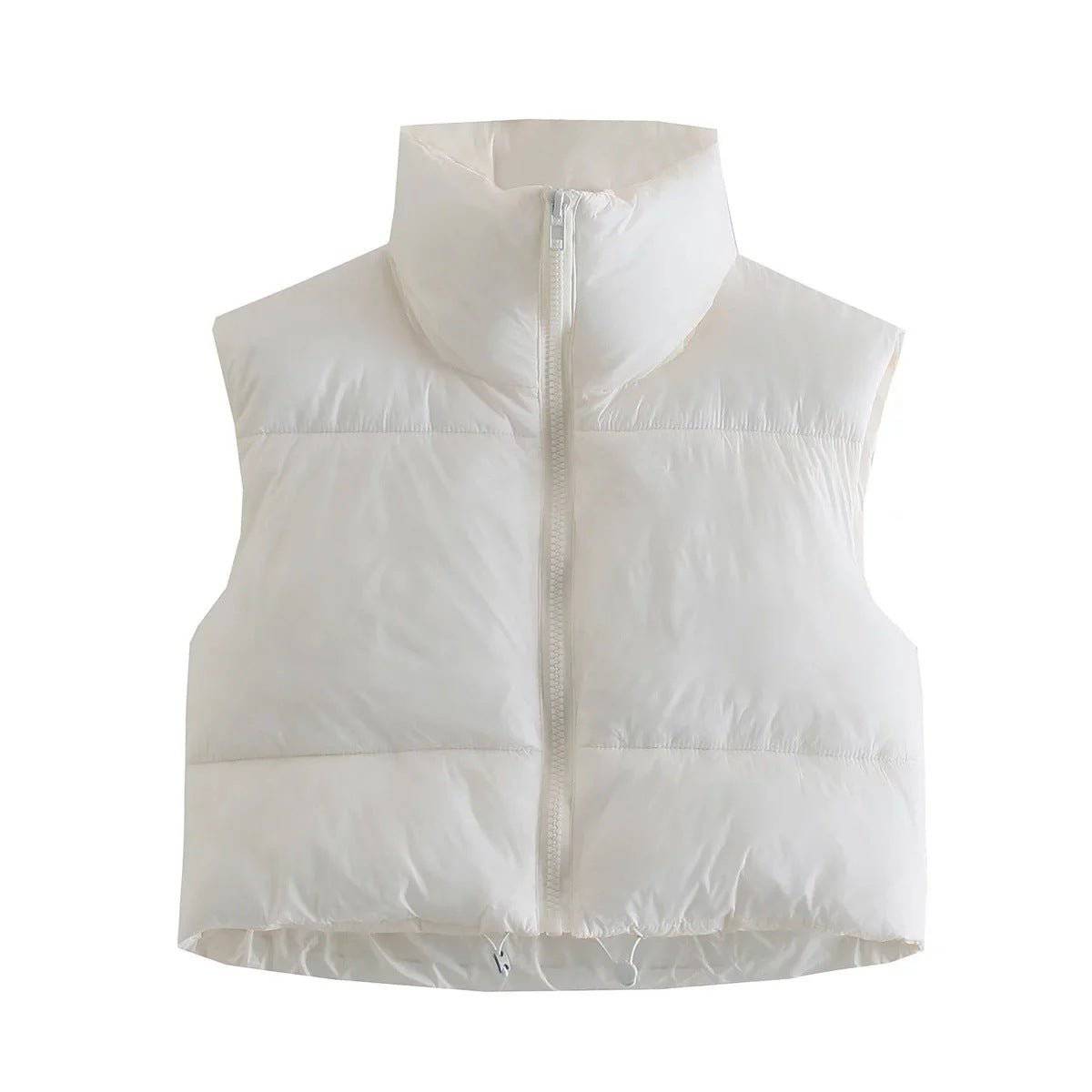 Cotton Padded Sleeveless Zip-Up Stand Collar Vest  S White 