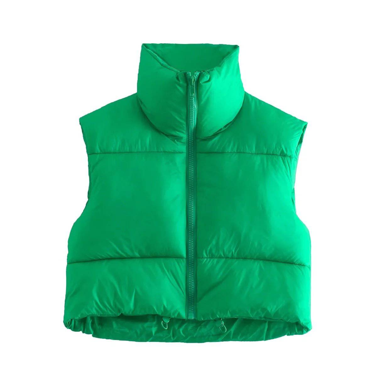 Cotton Padded Sleeveless Zip-Up Stand Collar Vest  S Normal Green 