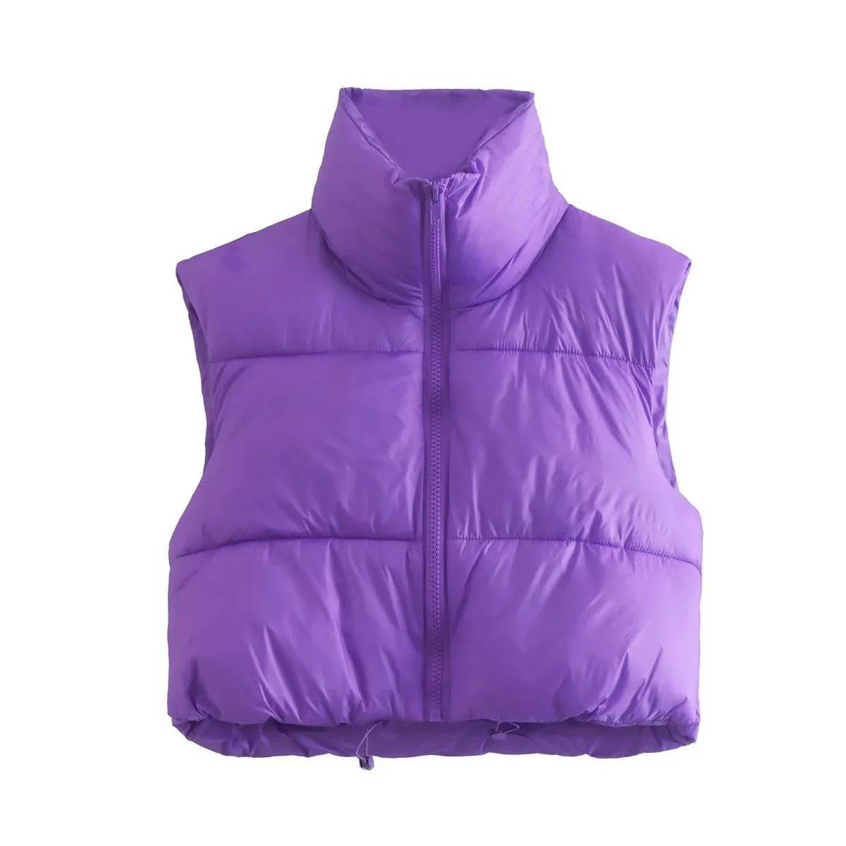 Cotton Padded Sleeveless Zip-Up Stand Collar Vest  S Purple 