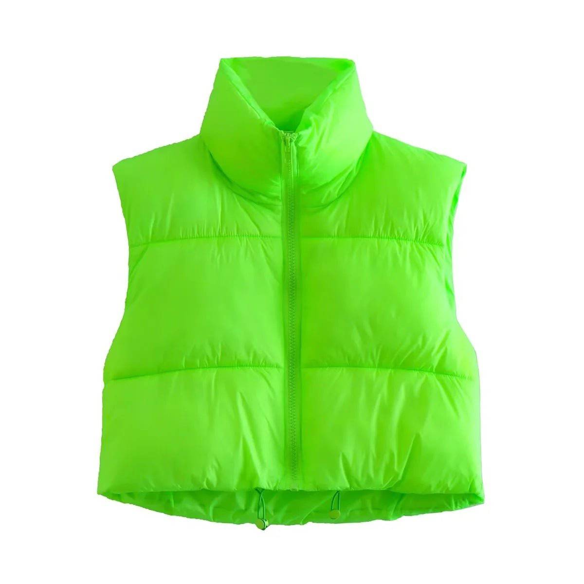 Cotton Padded Sleeveless Zip-Up Stand Collar Vest  S fluorescent green 