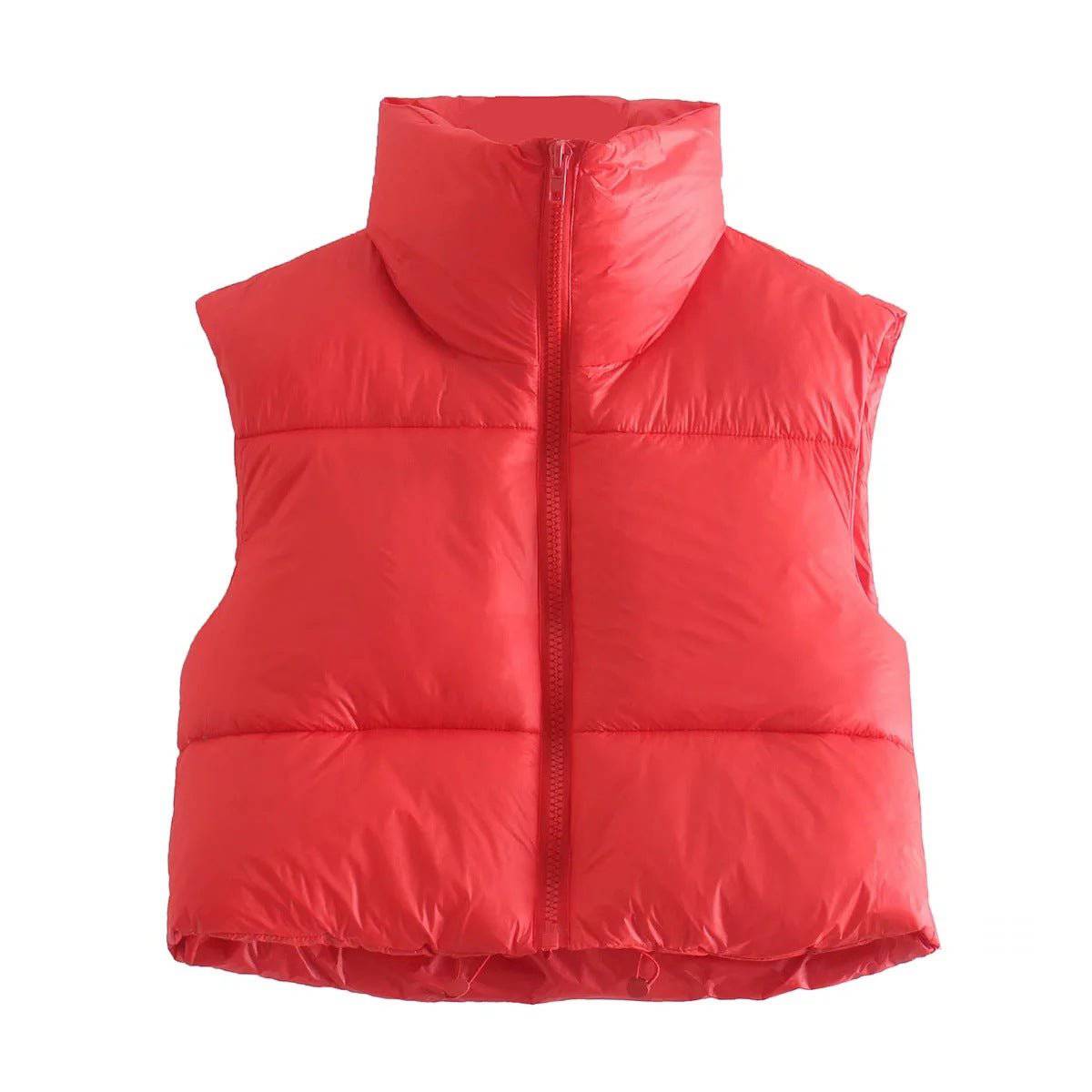 Cotton Padded Sleeveless Zip-Up Stand Collar Vest  S Red 