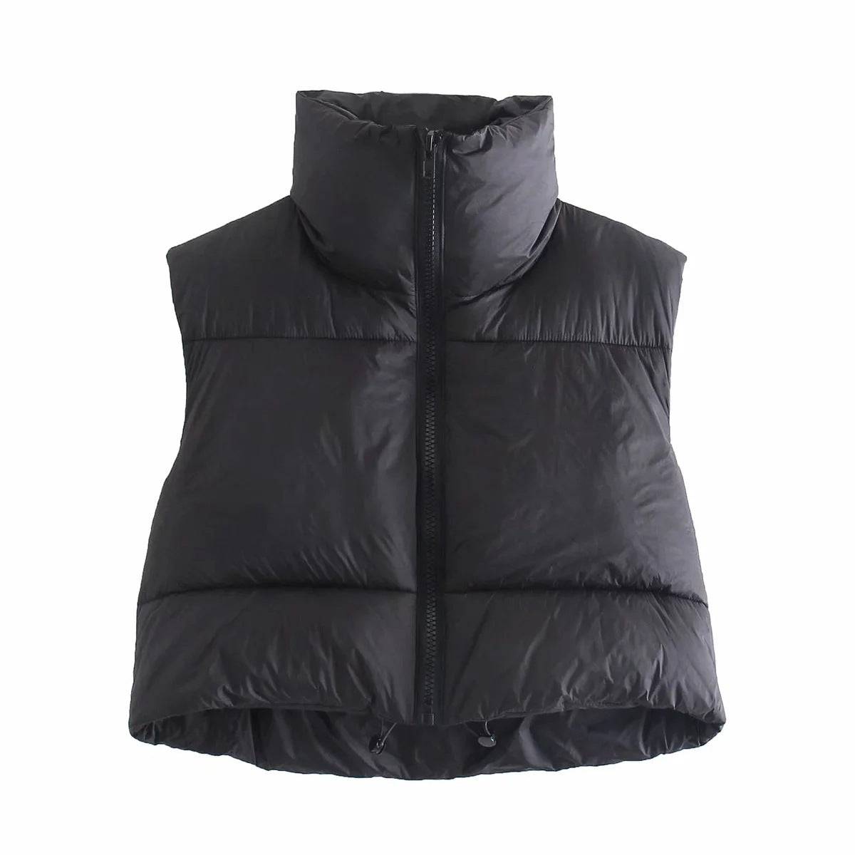 Cotton Padded Sleeveless Zip-Up Stand Collar Vest  S Black 