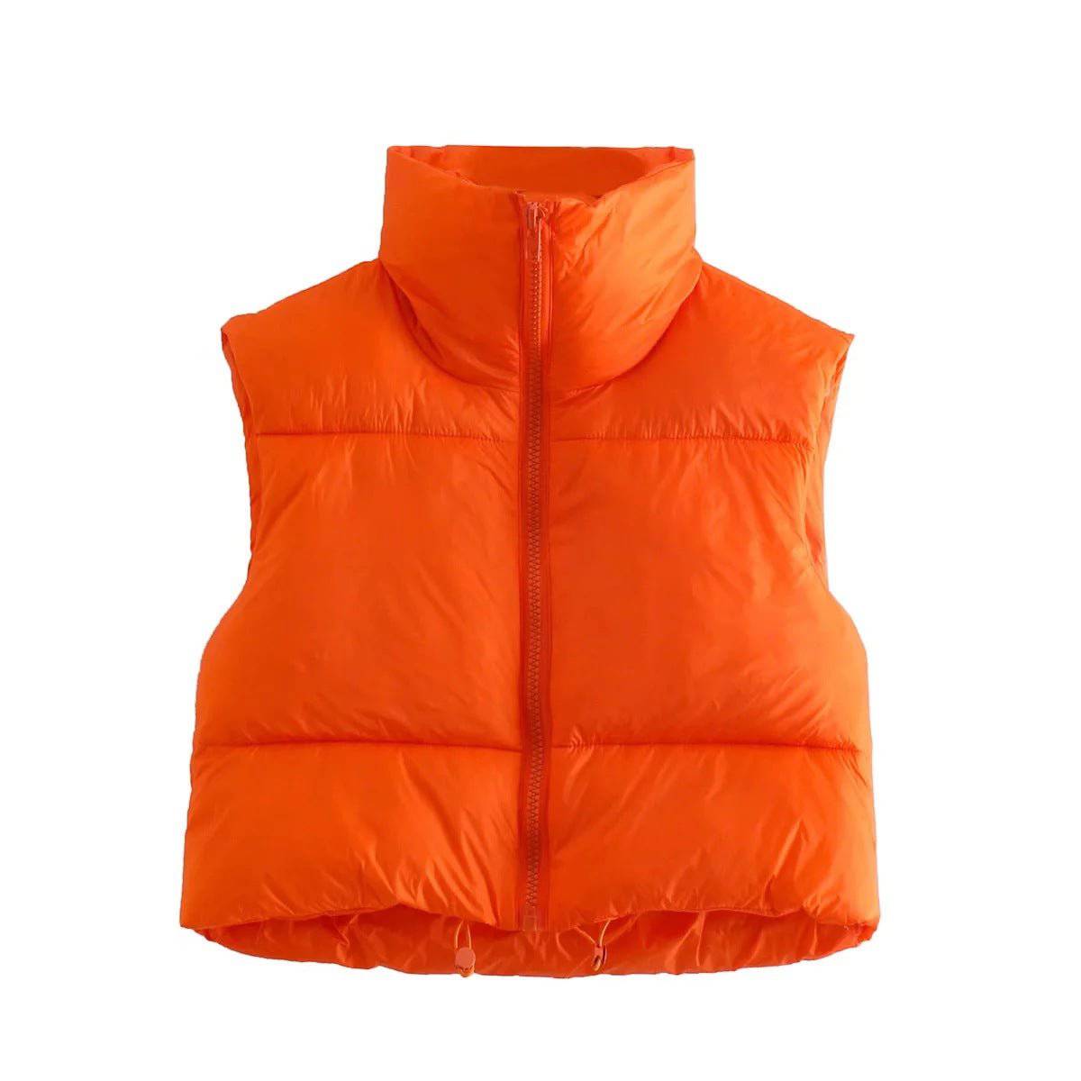 Cotton Padded Sleeveless Zip-Up Stand Collar Vest  S Orange 