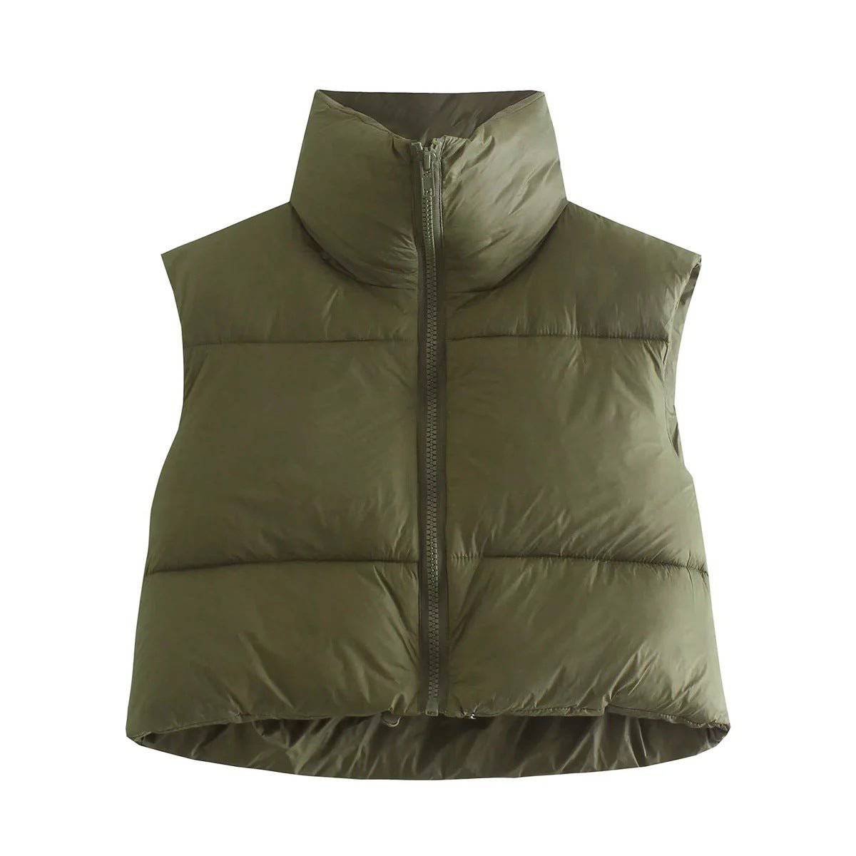 Cotton Padded Sleeveless Zip-Up Stand Collar Vest  S Army Green 