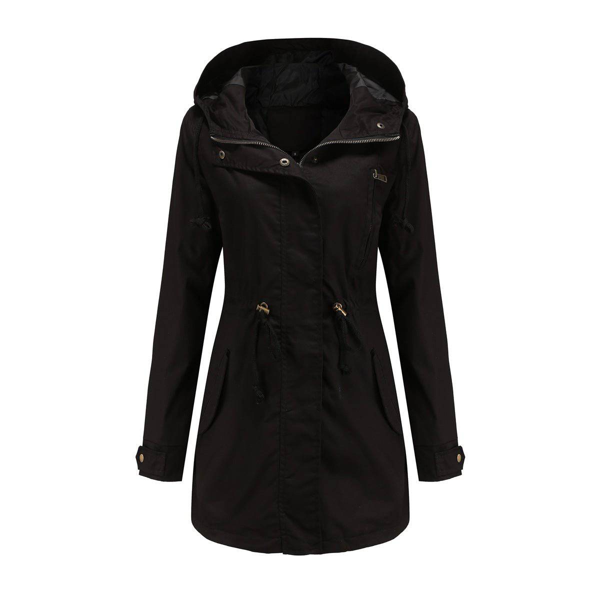 Cotton Women's Spring Autumn Loose Coat with Solid Color Stylish Elements  S Black 