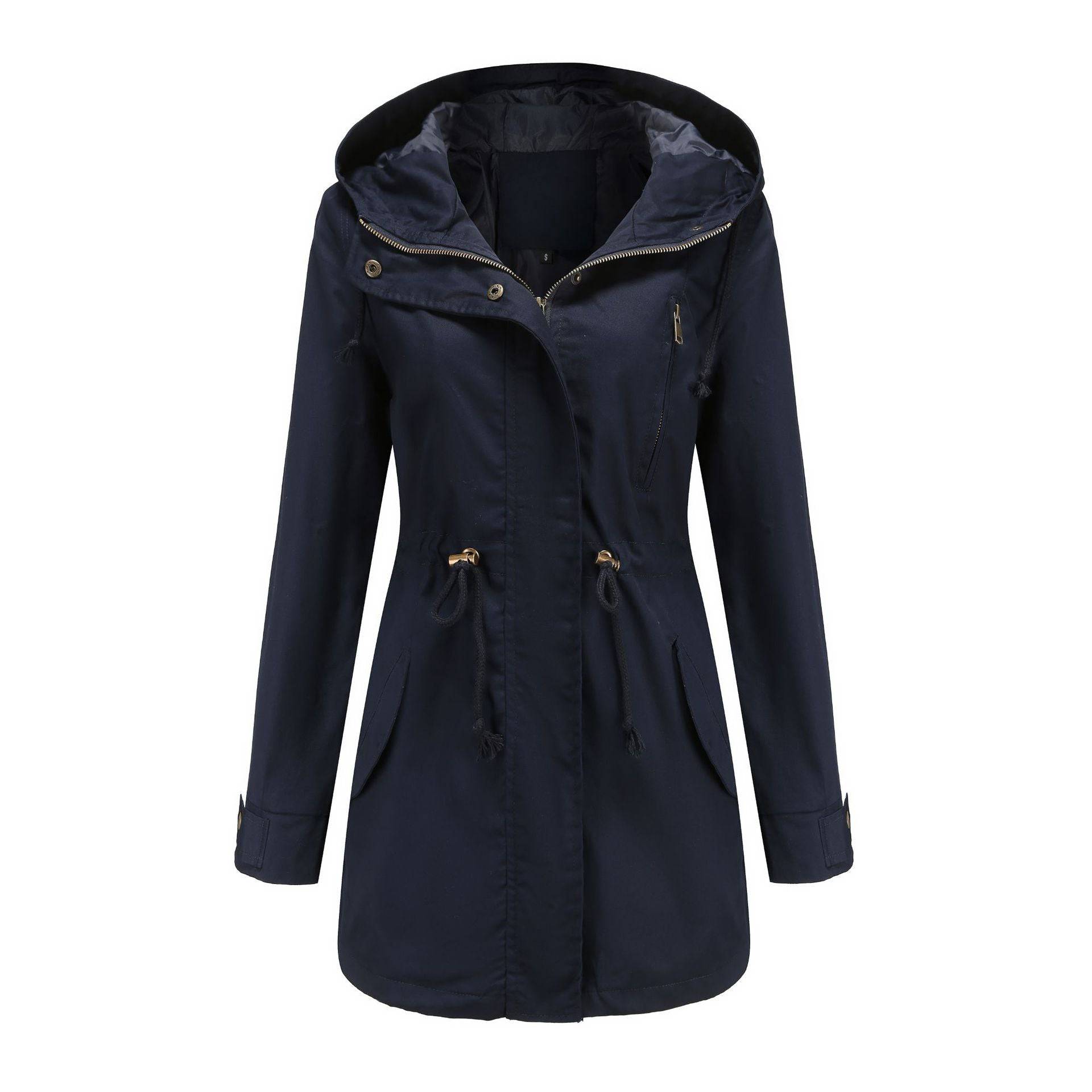 Cotton Women's Spring Autumn Loose Coat with Solid Color Stylish Elements  S Navy Blue 