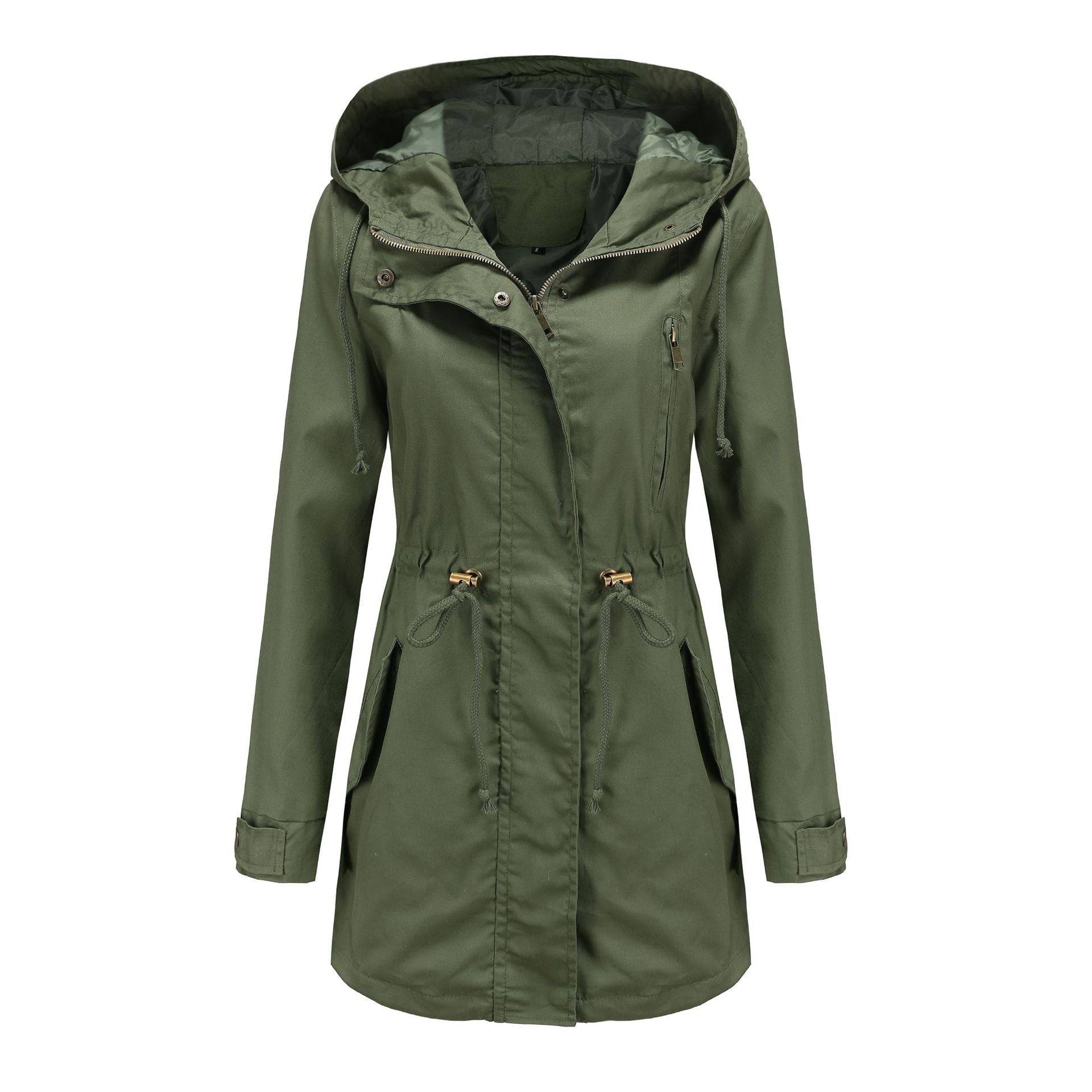 Cotton Women's Spring Autumn Loose Coat with Solid Color Stylish Elements  S Army Green 
