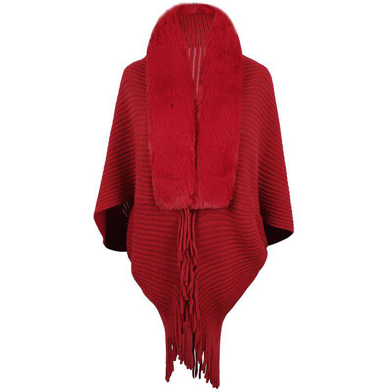 Cozy and Stylish Autumn Winter Fur Collar Tassel Knitted Cape Coat for Women    