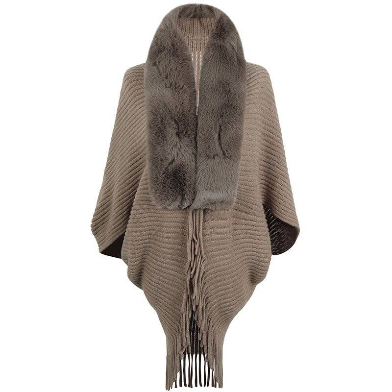 Cozy and Stylish Autumn Winter Fur Collar Tassel Knitted Cape Coat for Women    