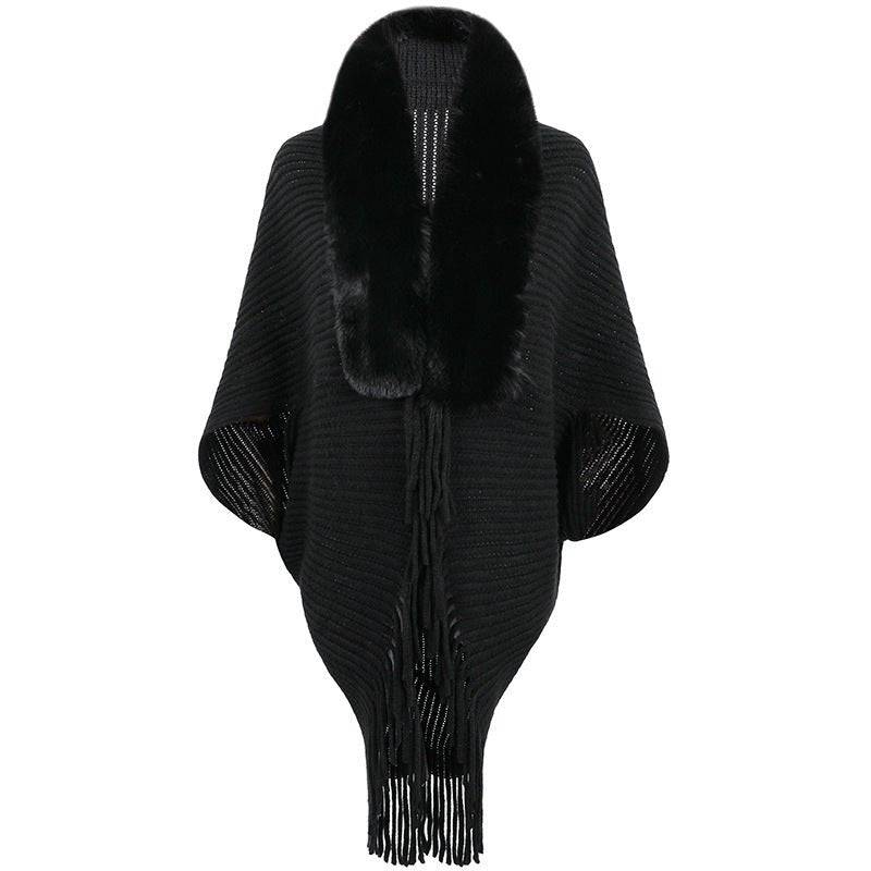 Cozy and Stylish Autumn Winter Fur Collar Tassel Knitted Cape Coat for Women  One Size Black 