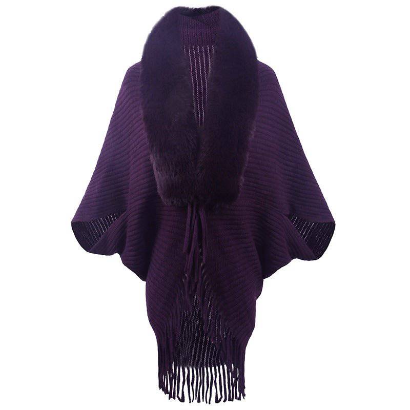 Cozy and Stylish Autumn Winter Fur Collar Tassel Knitted Cape Coat for Women  One Size Purple 