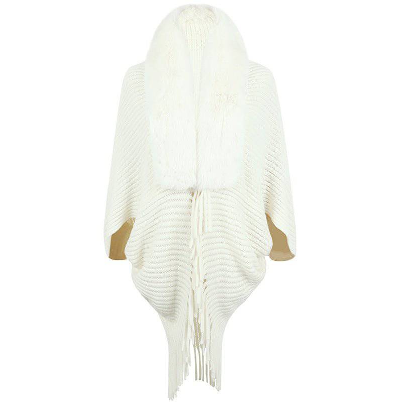 Cozy and Stylish Autumn Winter Fur Collar Tassel Knitted Cape Coat for Women  One Size White 