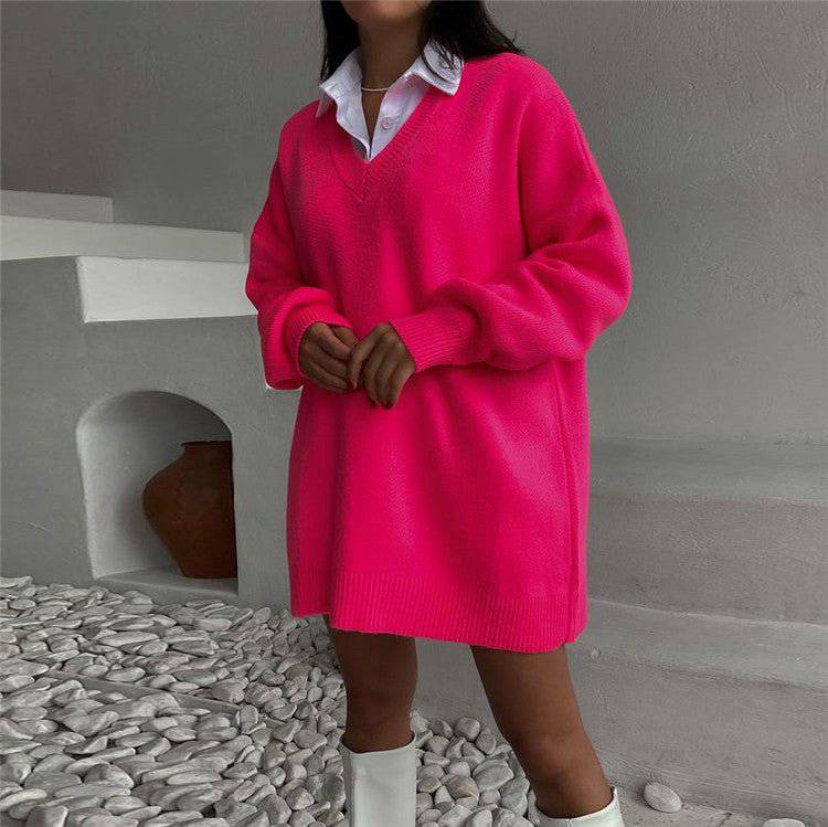 Cozy and Stylish Long Sleeve V-Neck Sweater Dress for Women  S Pink 