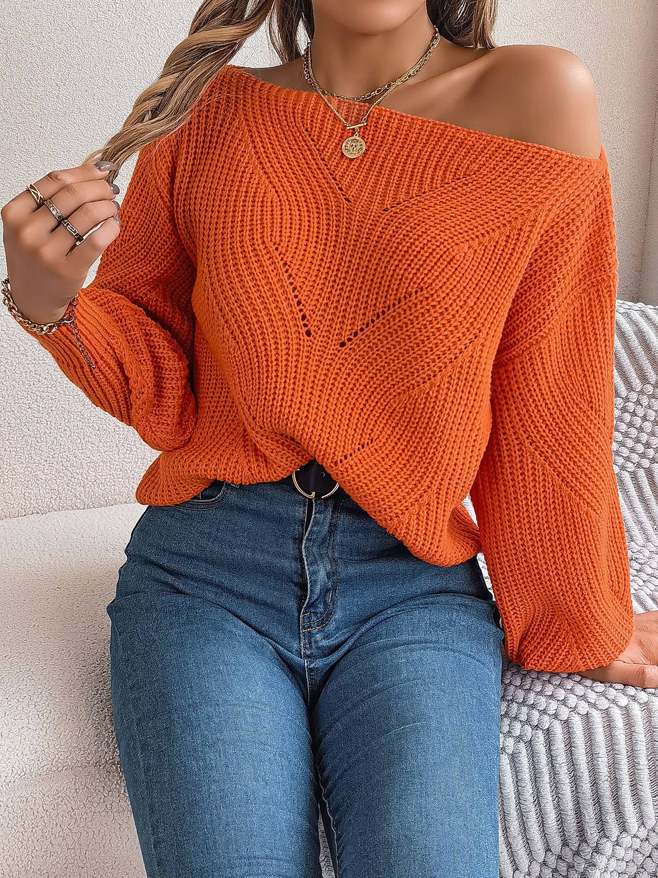 Cozy Autumn One-Shoulder Lantern Sleeve Women's Sweater  S Orange 