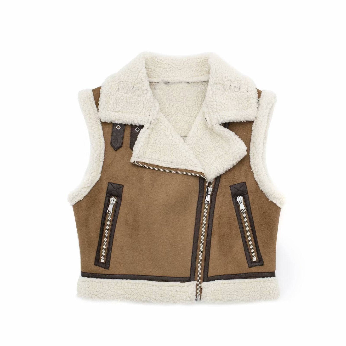 Cozy Autumn Winter Faux Shearling Jacket Vest with Polo Collar  XS Khaki 