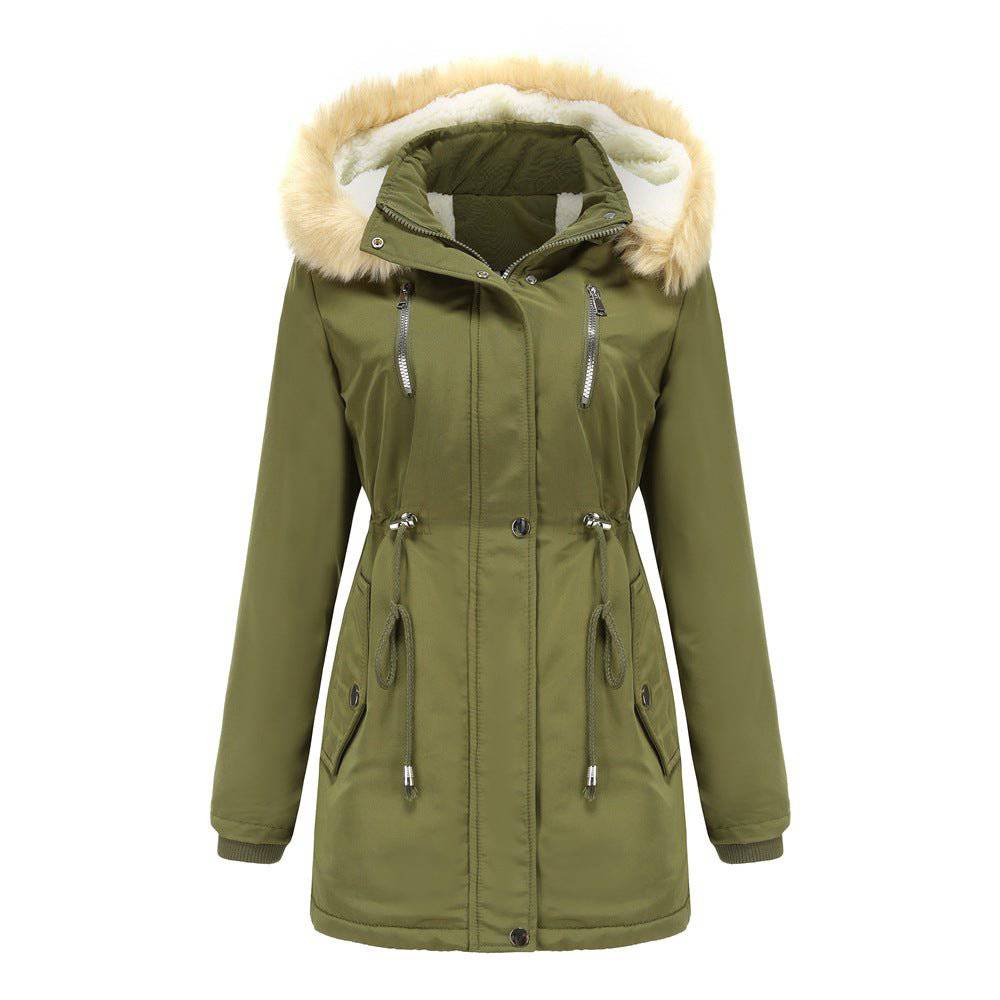 Cozy Autumn Winter Women's Lambskin Cotton-Padded Coat with Removable Hat  S Army Green 