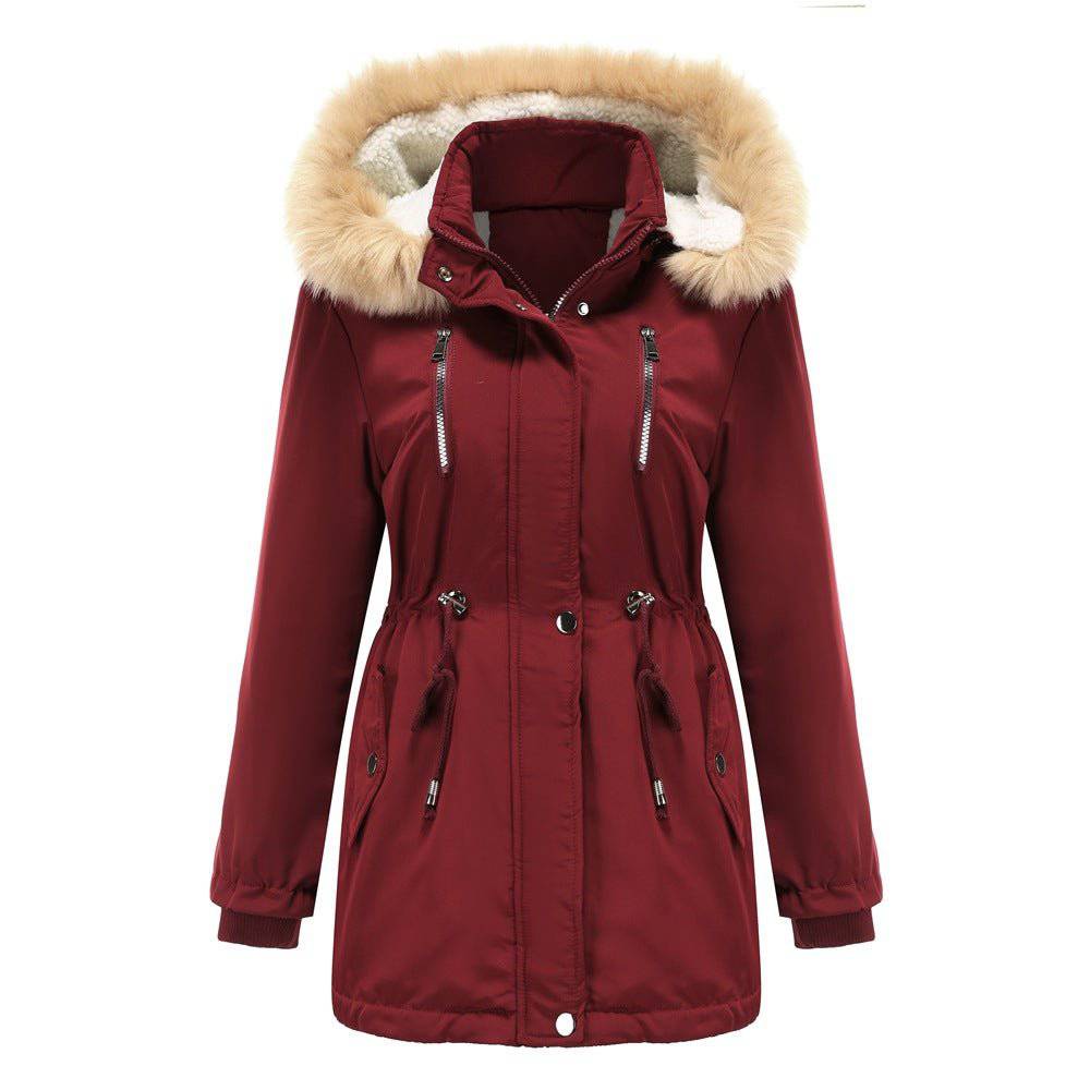 Cozy Autumn Winter Women's Lambskin Cotton-Padded Coat with Removable Hat  S Burgundy 