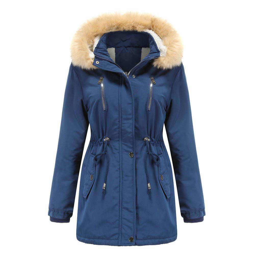 Cozy Autumn Winter Women's Lambskin Cotton-Padded Coat with Removable Hat  S Navy Blue 