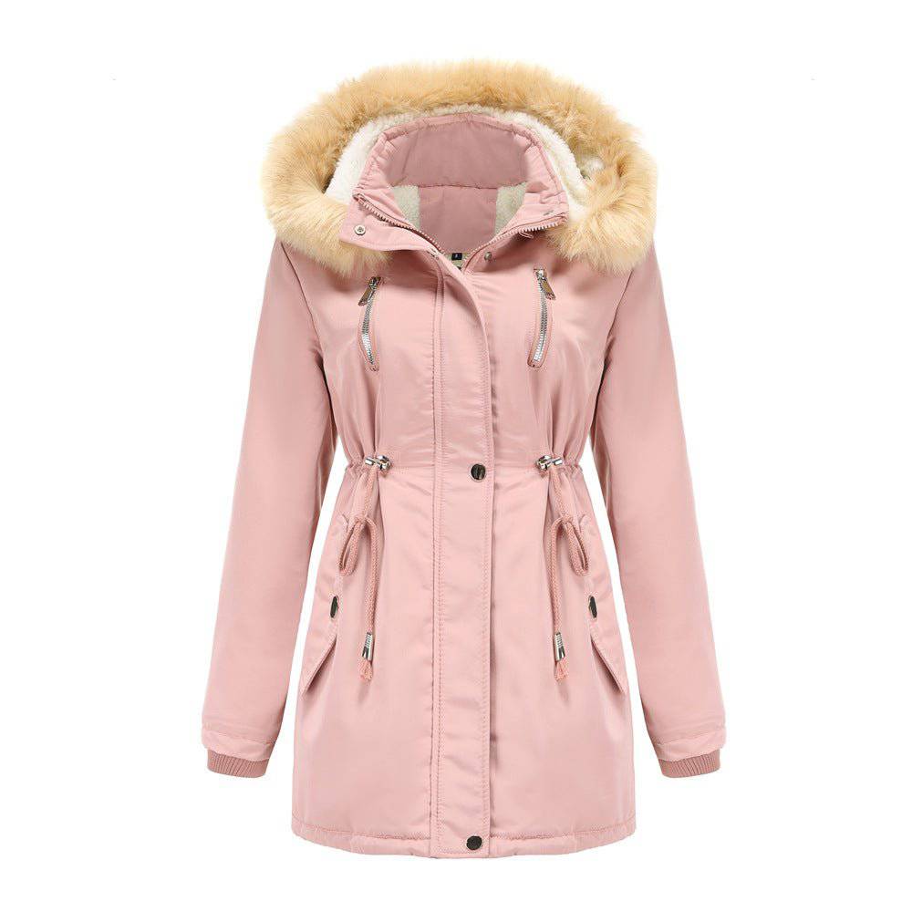 Cozy Autumn Winter Women's Lambskin Cotton-Padded Coat with Removable Hat  S Pink 