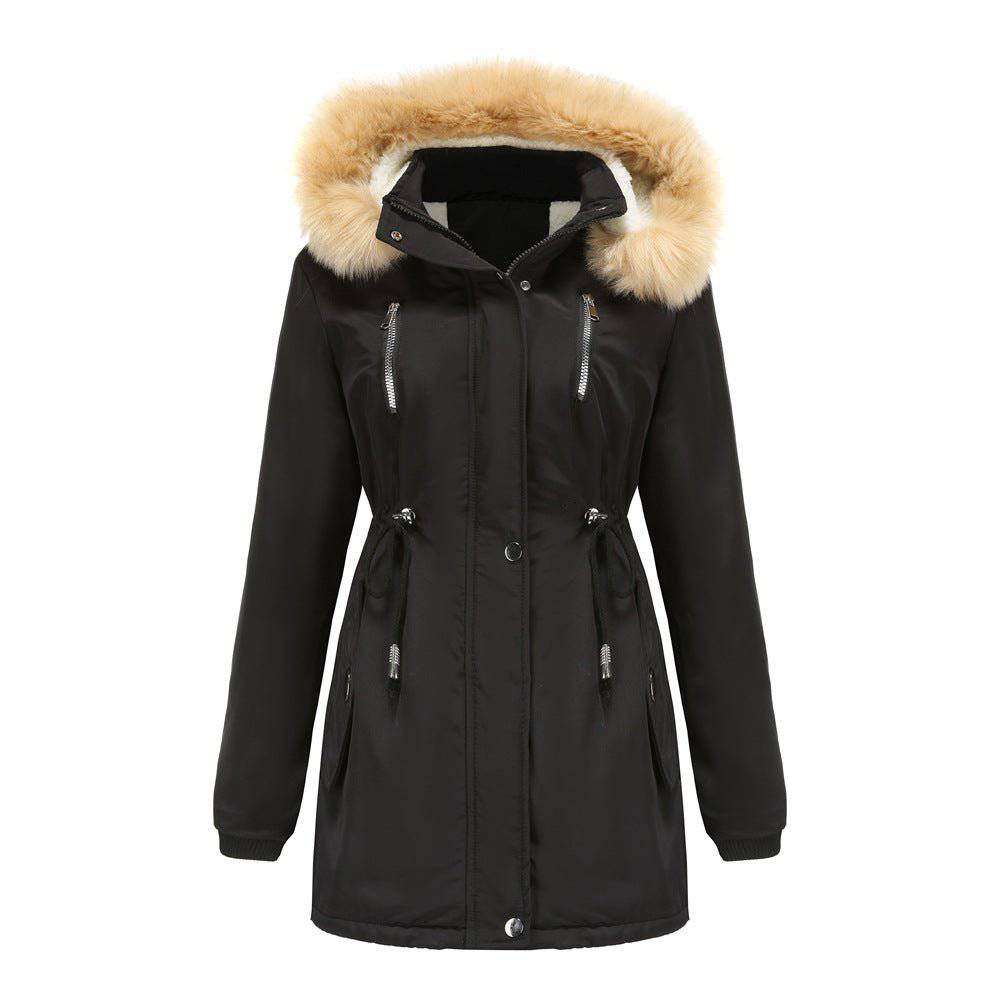 Cozy Autumn Winter Women's Lambskin Cotton-Padded Coat with Removable Hat  S Black 