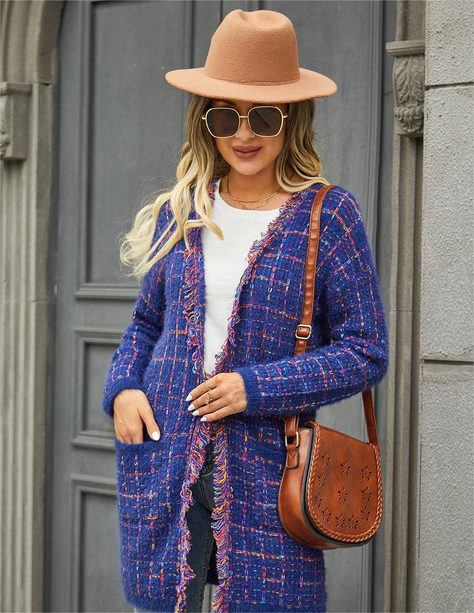 Cozy Checkered Knit Cardigan with Tassel Details    